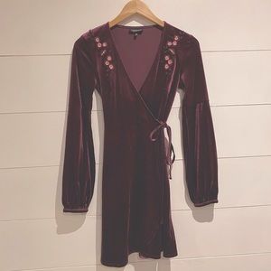 Topshop velvet burgundy long bell sleeve embellished wrap dress